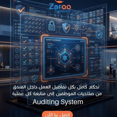 Zaroo Systems hotel management auditing system and control dashboard interface showing security, permission tracking, and staff monitoring