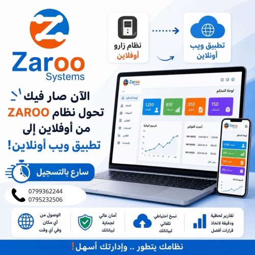 Zaroo Systems cloud POS and ERP software interface showing offline to online web application data synchronization across laptop and smartphone screens